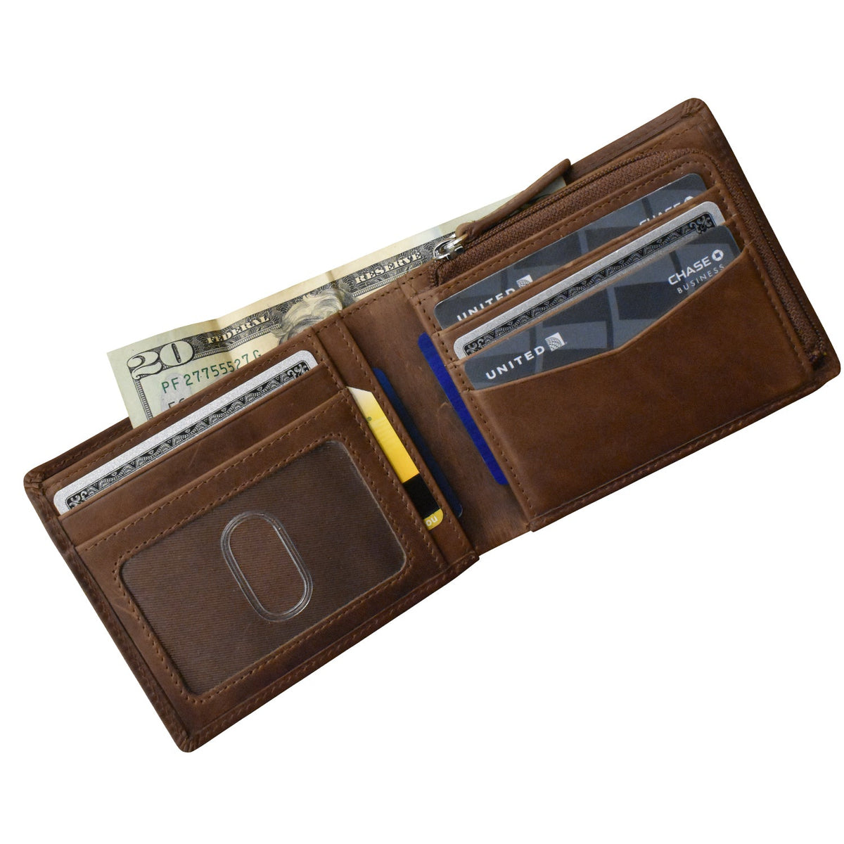 Brown leather wallet with money and cards on a white background