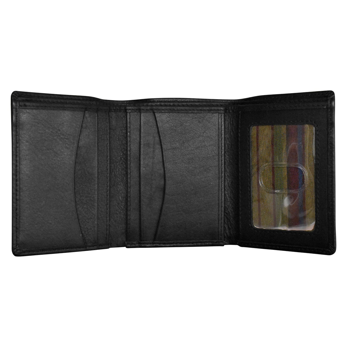 Black leather wallet open on a white background