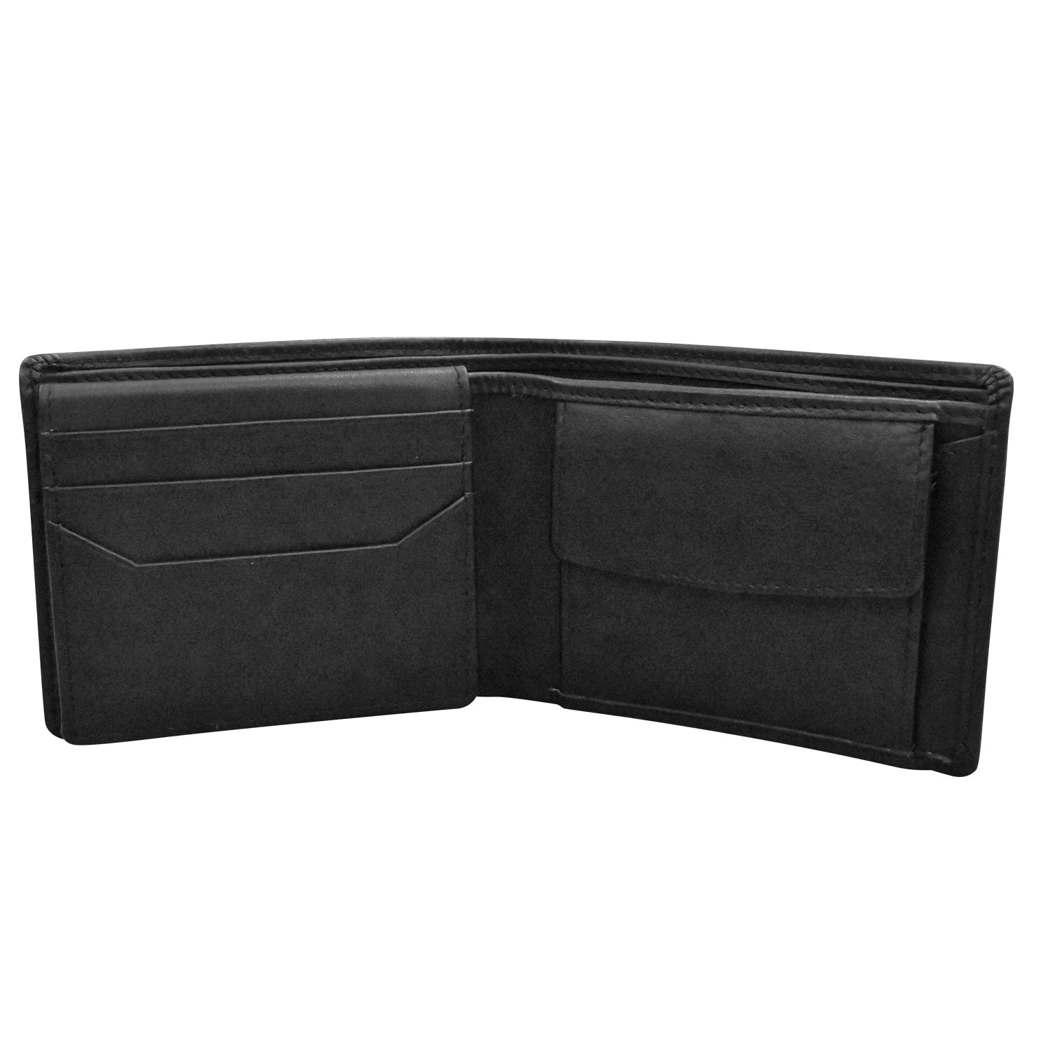 Black leather wallet open on a white background