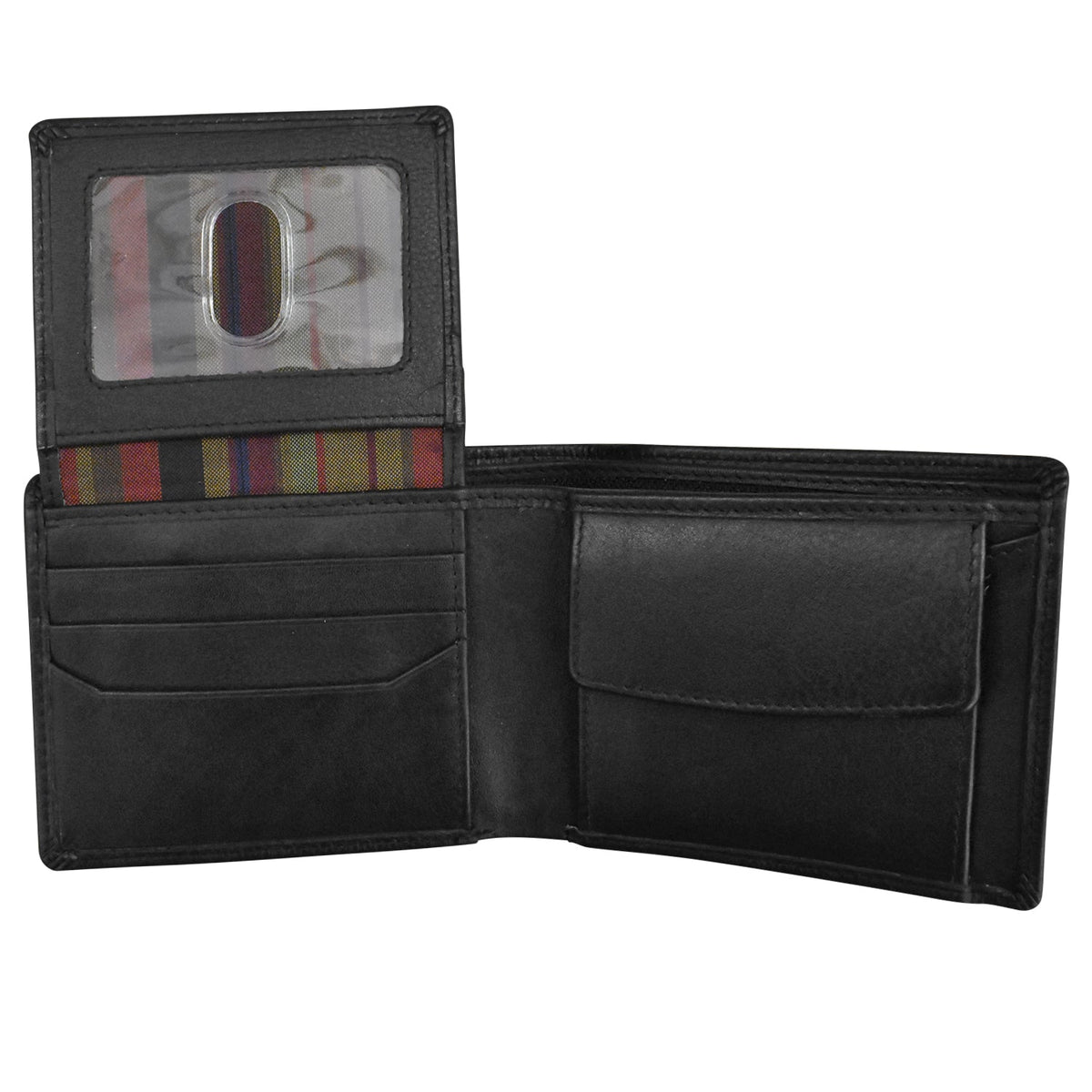 Black leather wallet with striped lining on a white background
