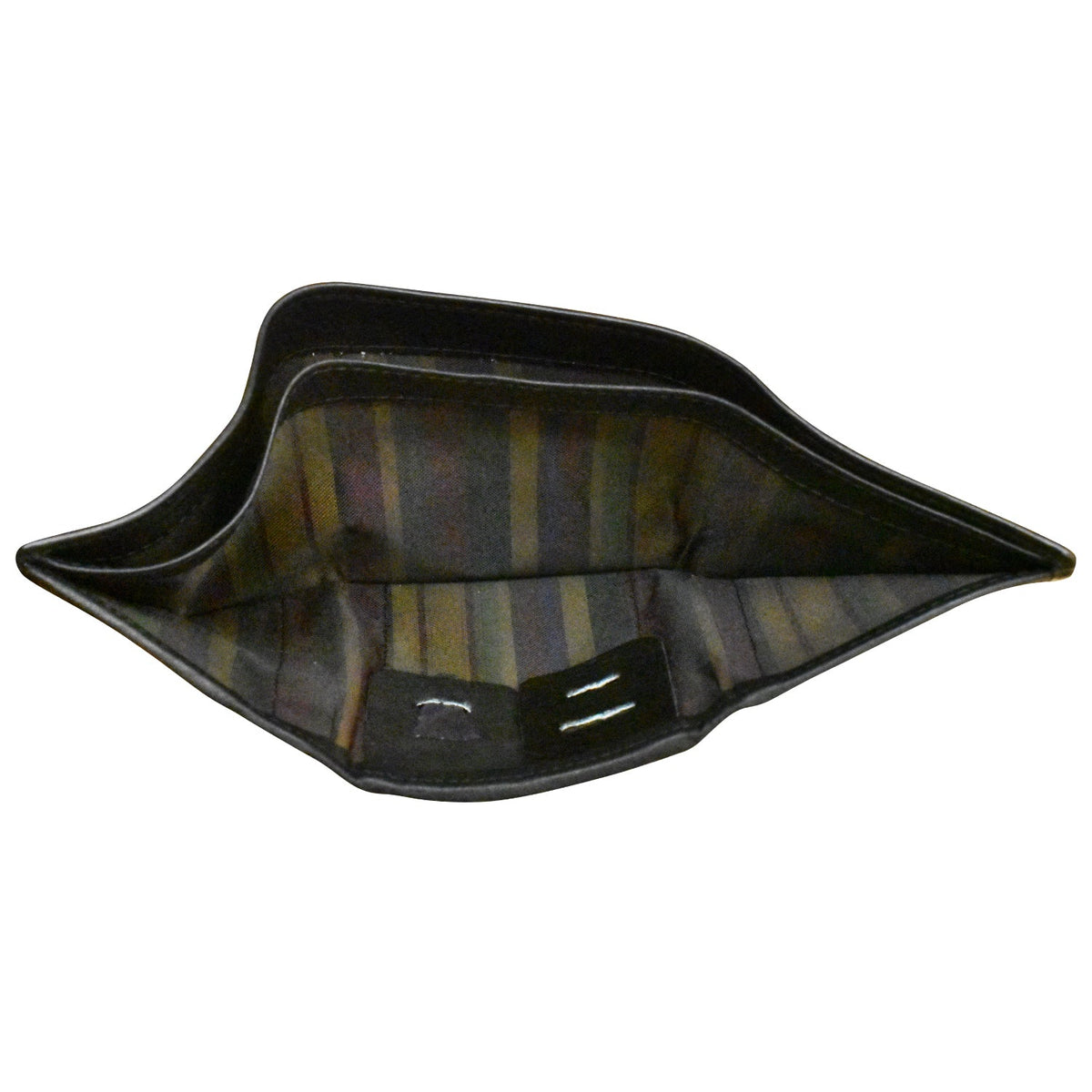 Black pet bowl with striped interior on a white background