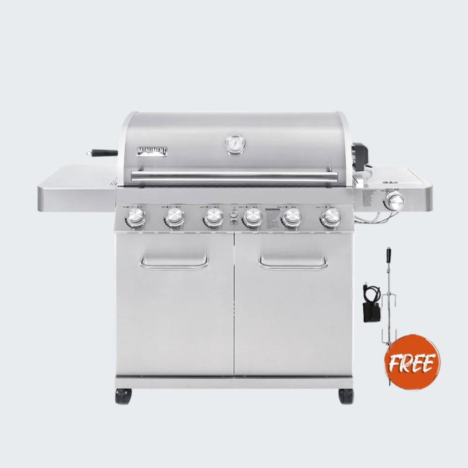 Stainless steel grill with a freebie icon on a white background