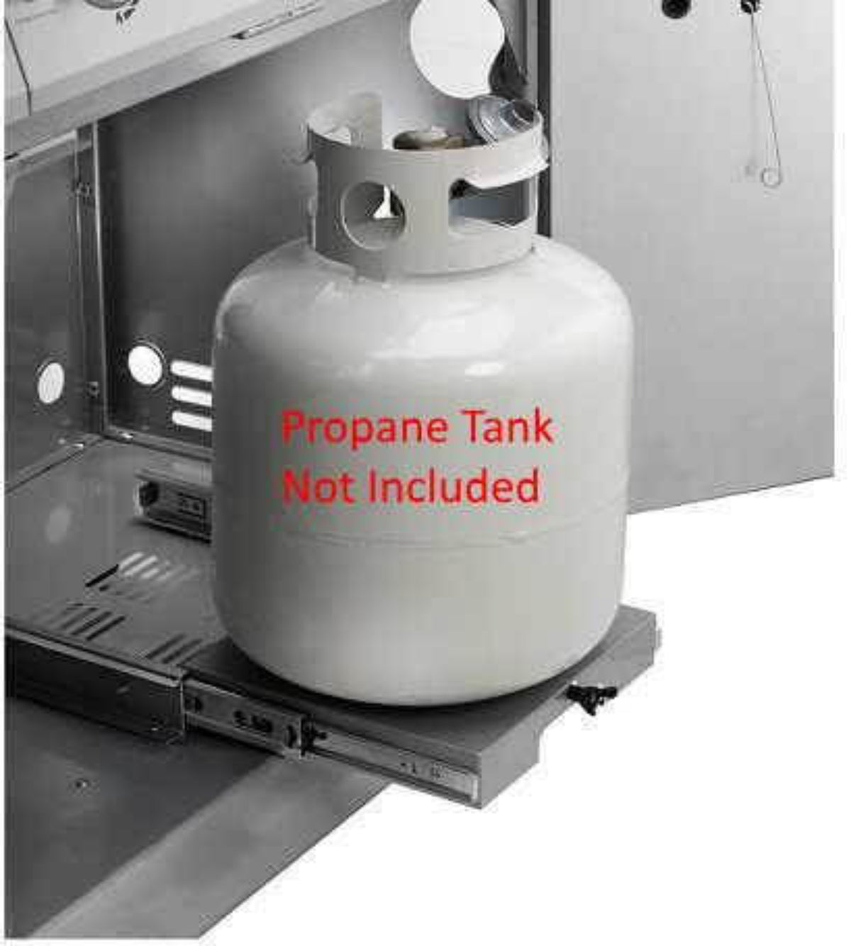 Propane tank with 'Not Included' text on a metal surface