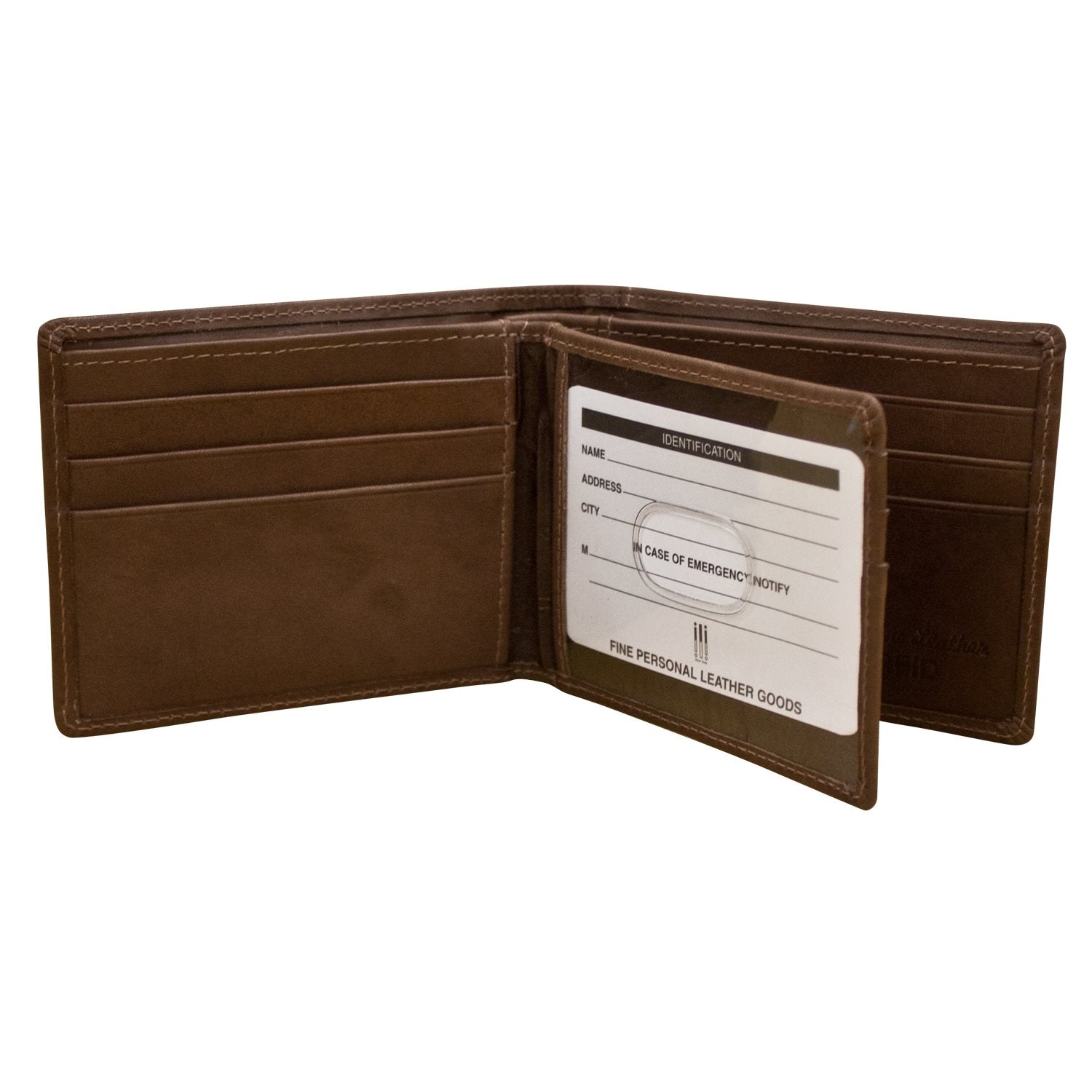 Brown leather wallet with card slots on a white background