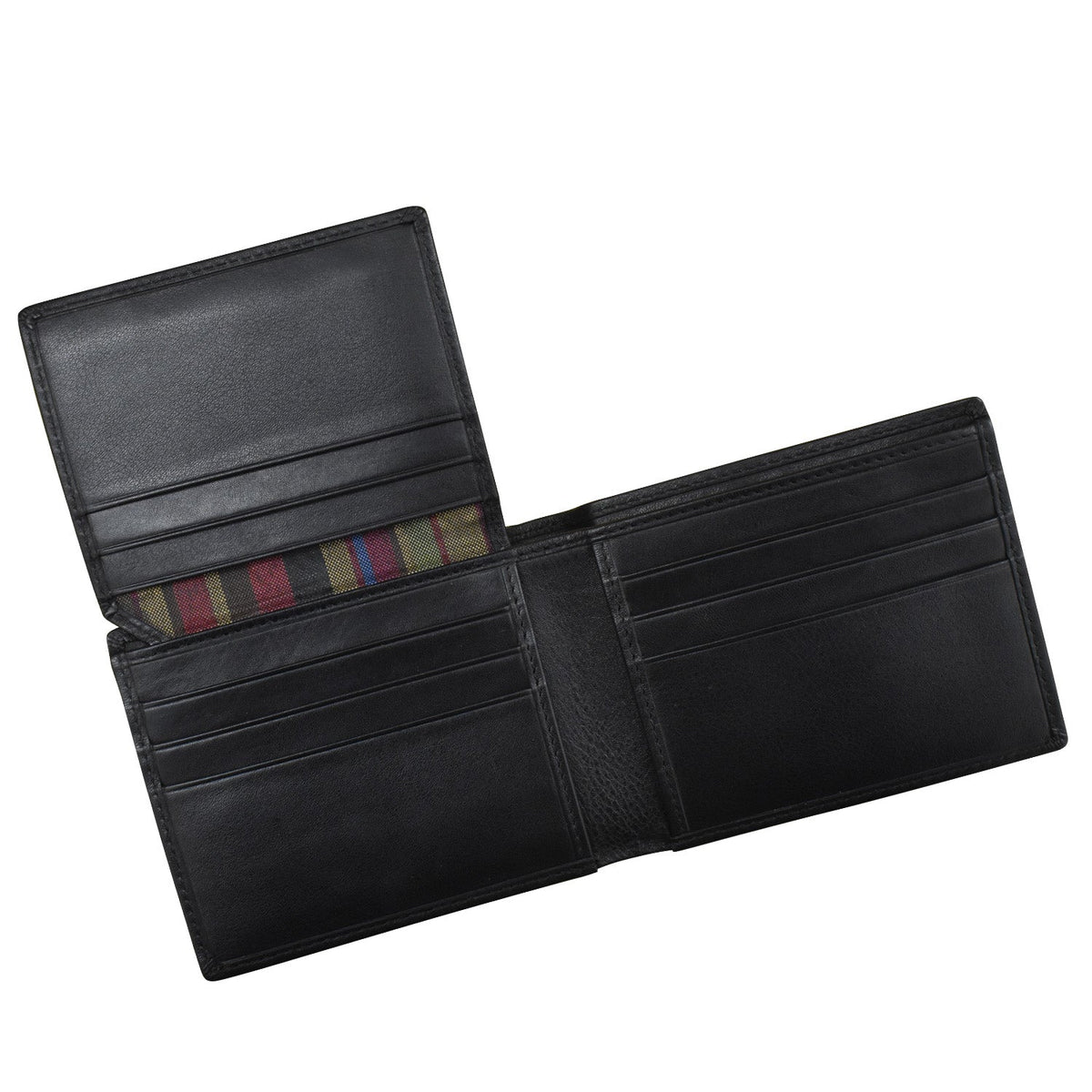 Black leather wallet with striped lining on a white background