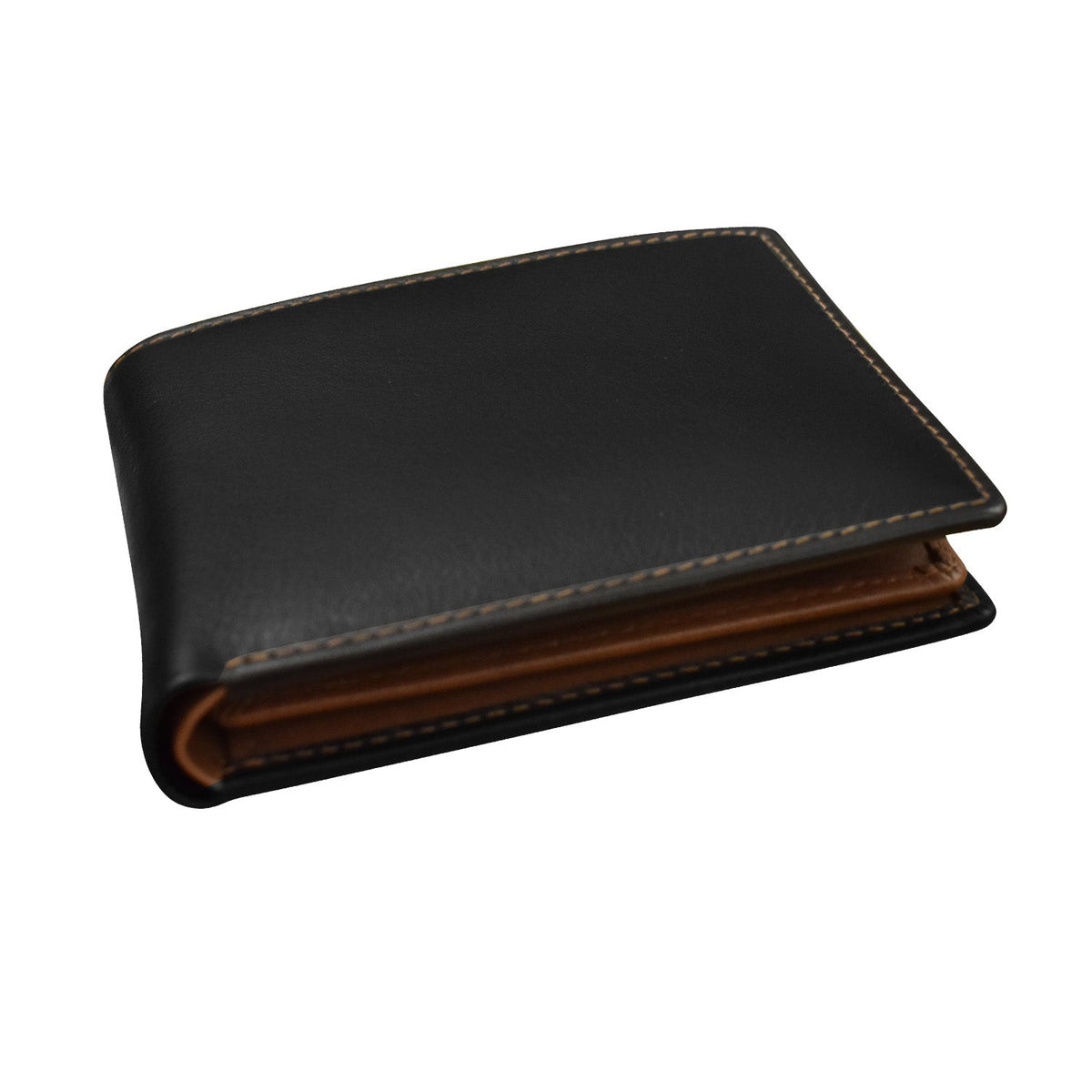 Black leather wallet with brown interior on a white background