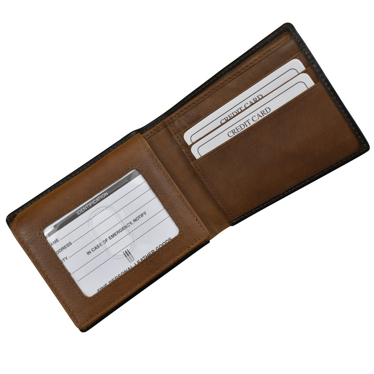 Brown leather wallet with card slots on a white background