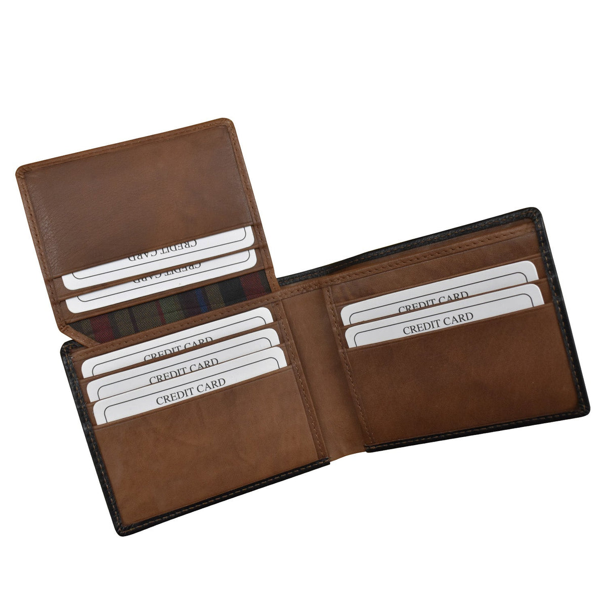 Brown leather wallet with card slots on a white background