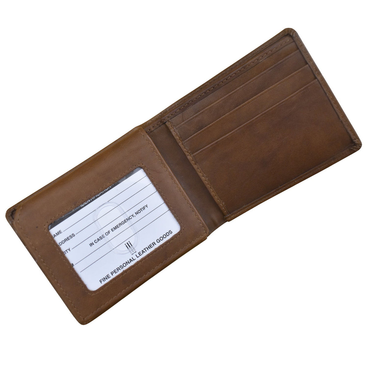 Brown leather wallet with a label on a white background