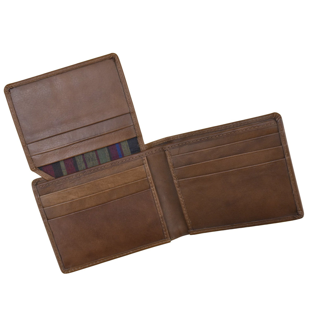 Brown leather wallet open on a white background