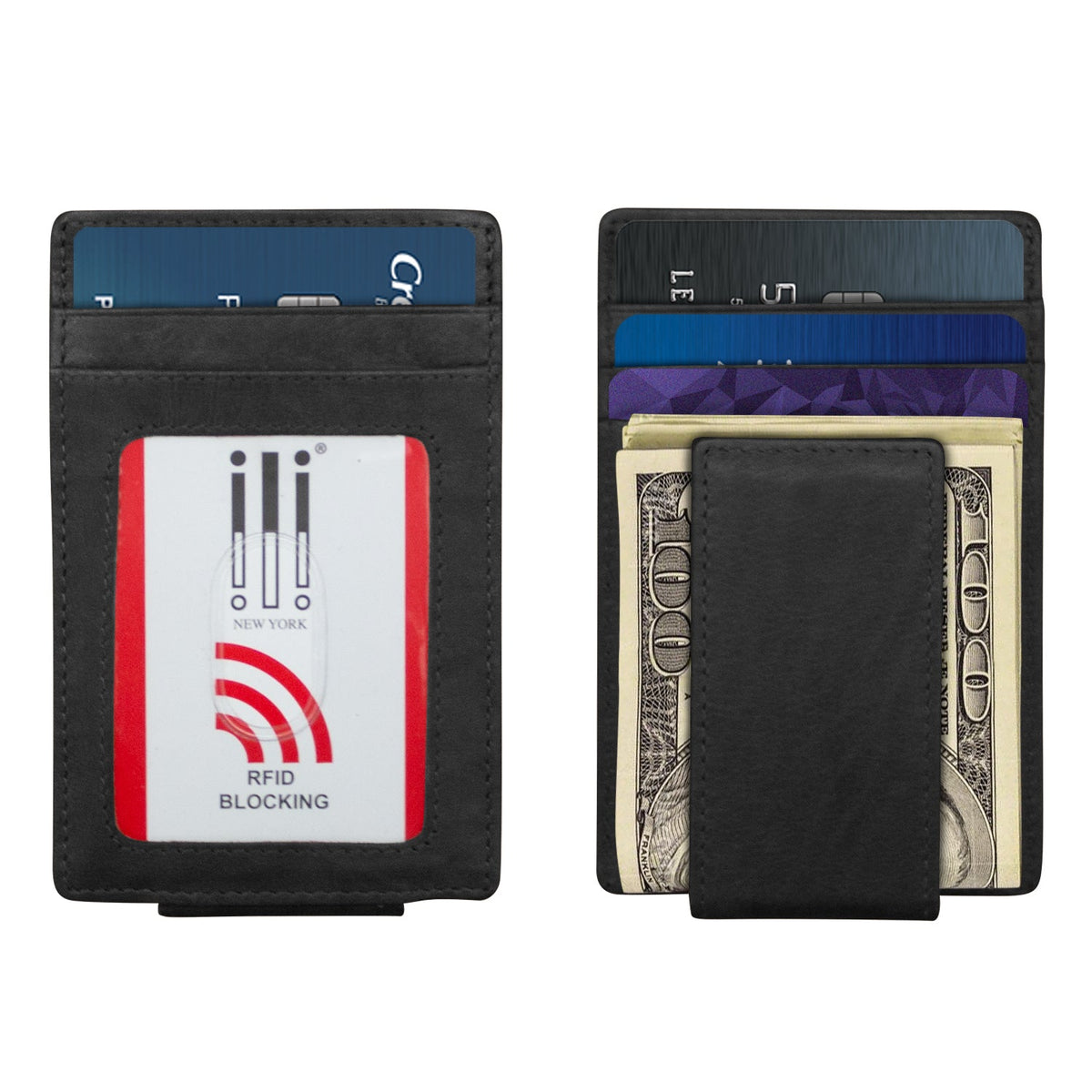 Black RFID blocking wallet with cards and money on a white background
