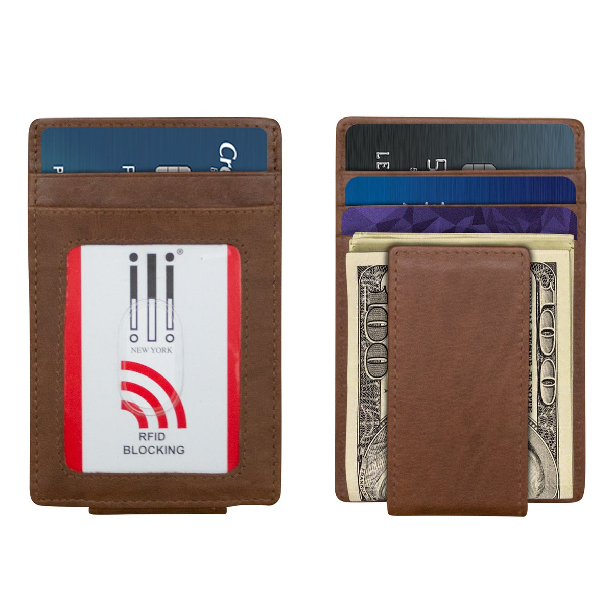 Brown leather wallet with card slots and money clip, featuring an RFID blocking label.