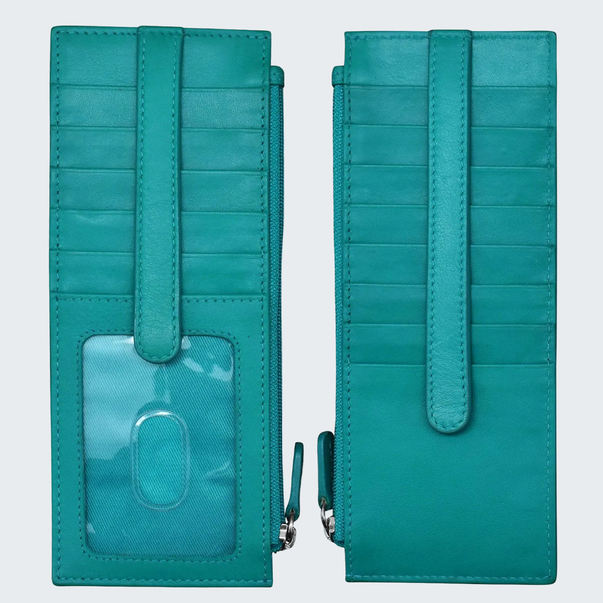 Teal wallet with card slots and a handle on a white background