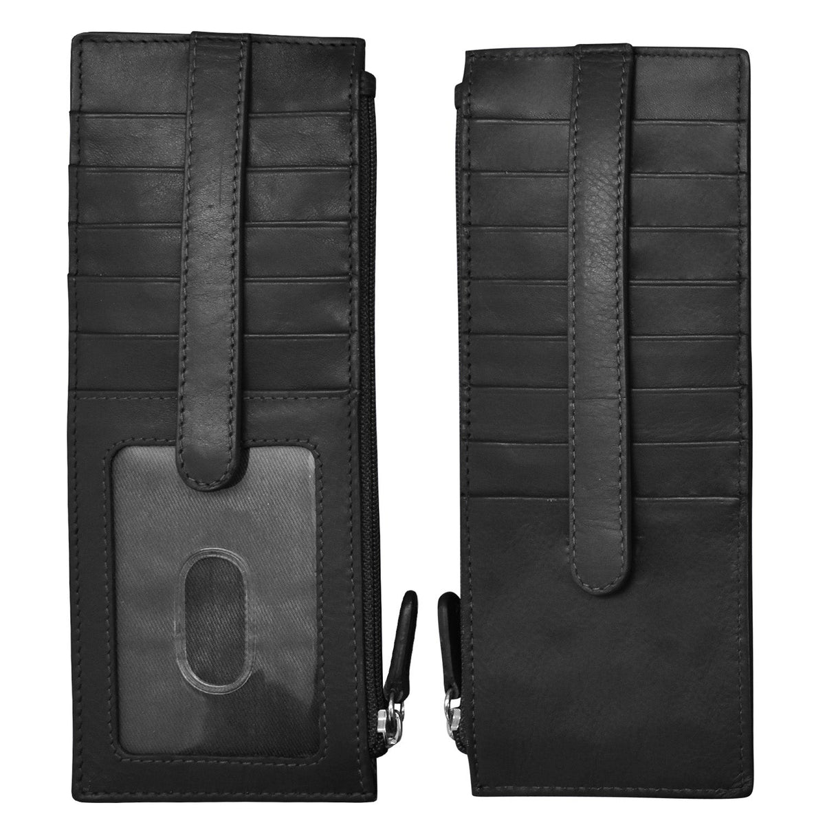 Black leather phone case with a strap on a white background