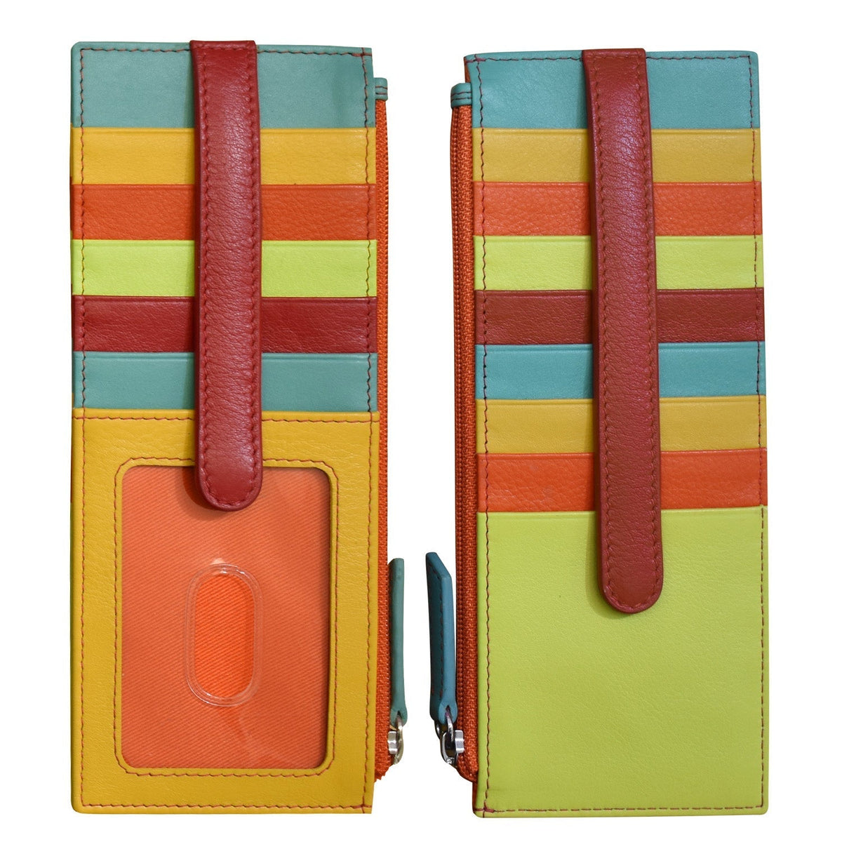 Colorful striped phone case with a strap on a white background