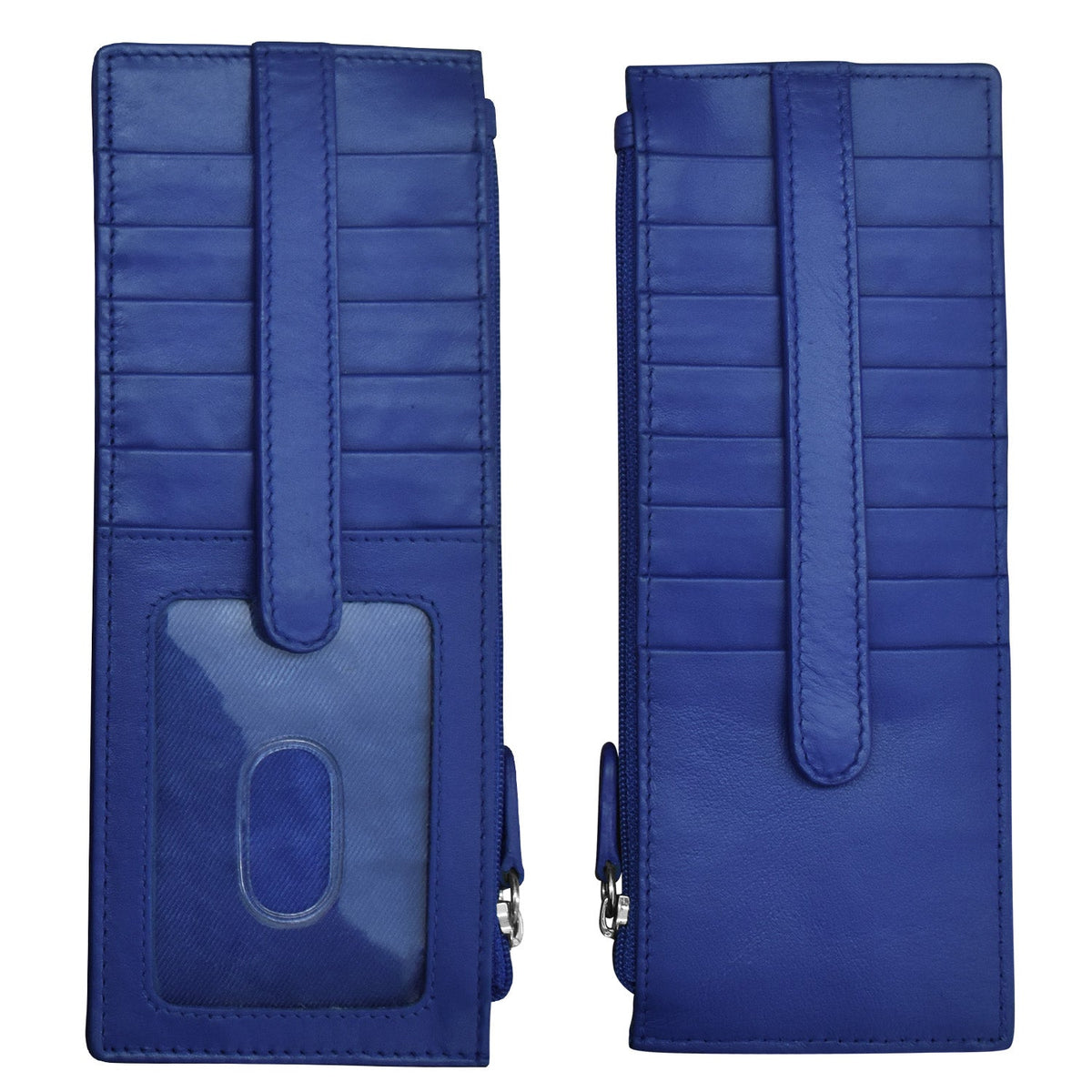 Blue leather wallet with a strap on a white background