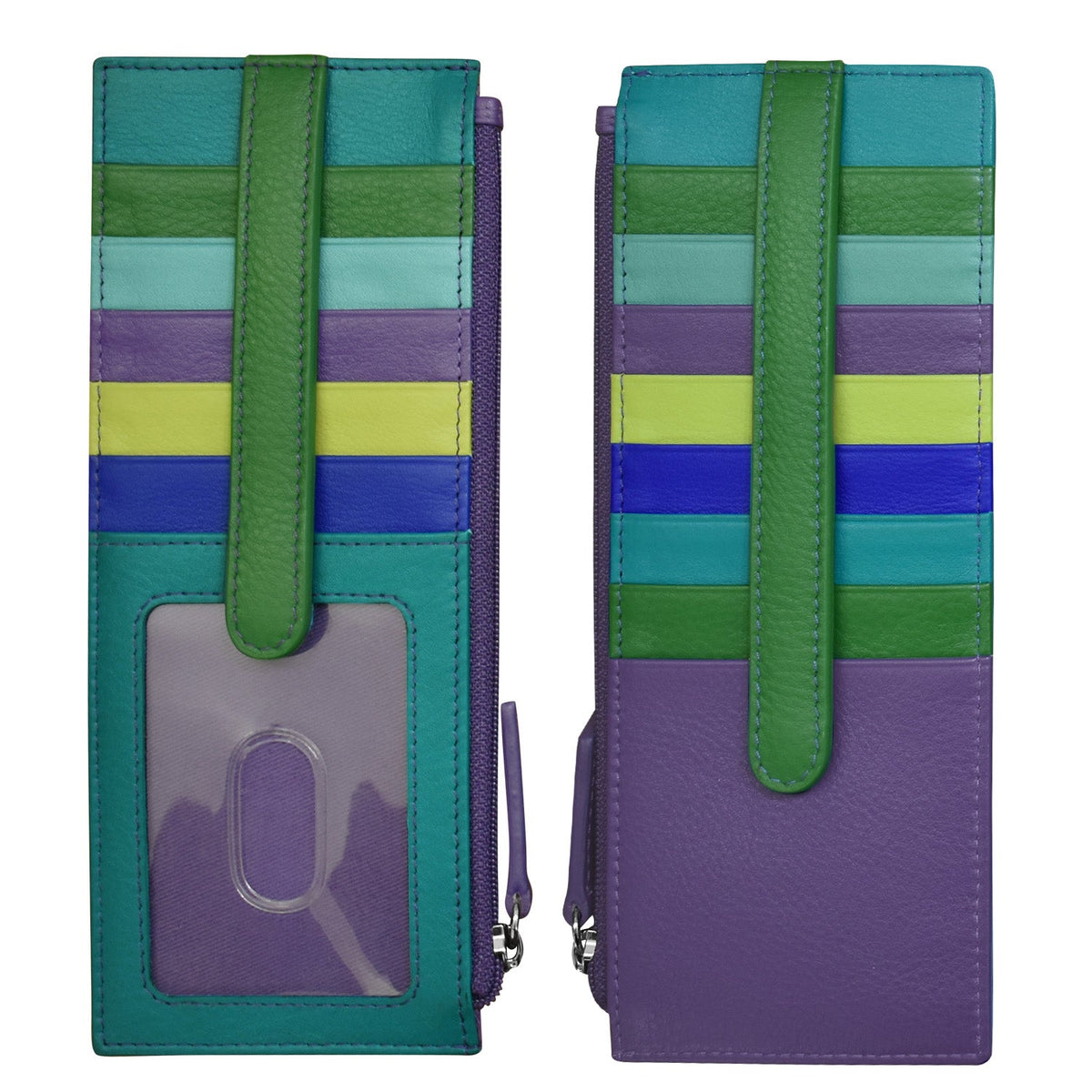 Multicolored striped phone case with a strap on a white background