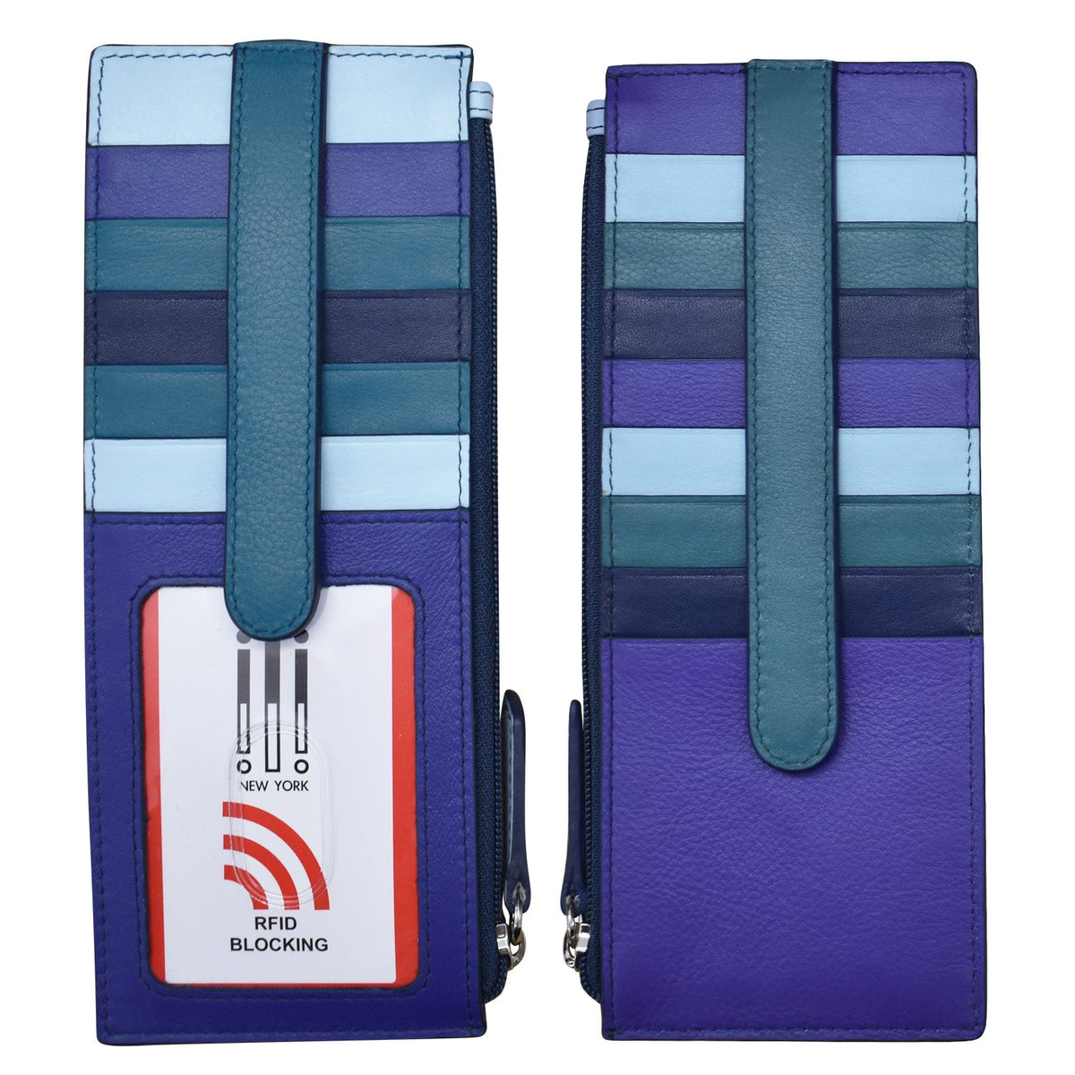 Blue and green striped wallet with RFID blocking feature on a white background