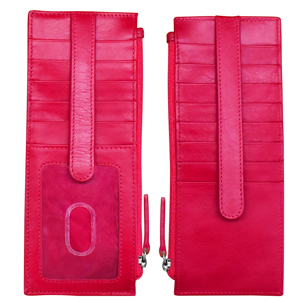 Two red leather phone cases with a strap on a white background