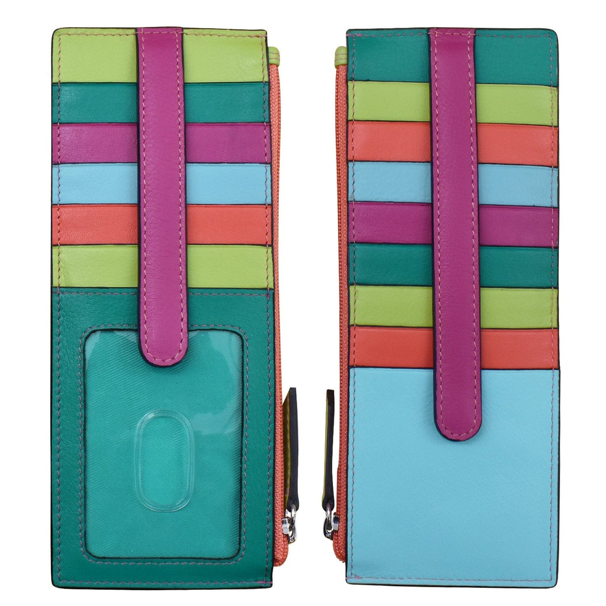 Colorful striped wallet with a pink strap on a white background