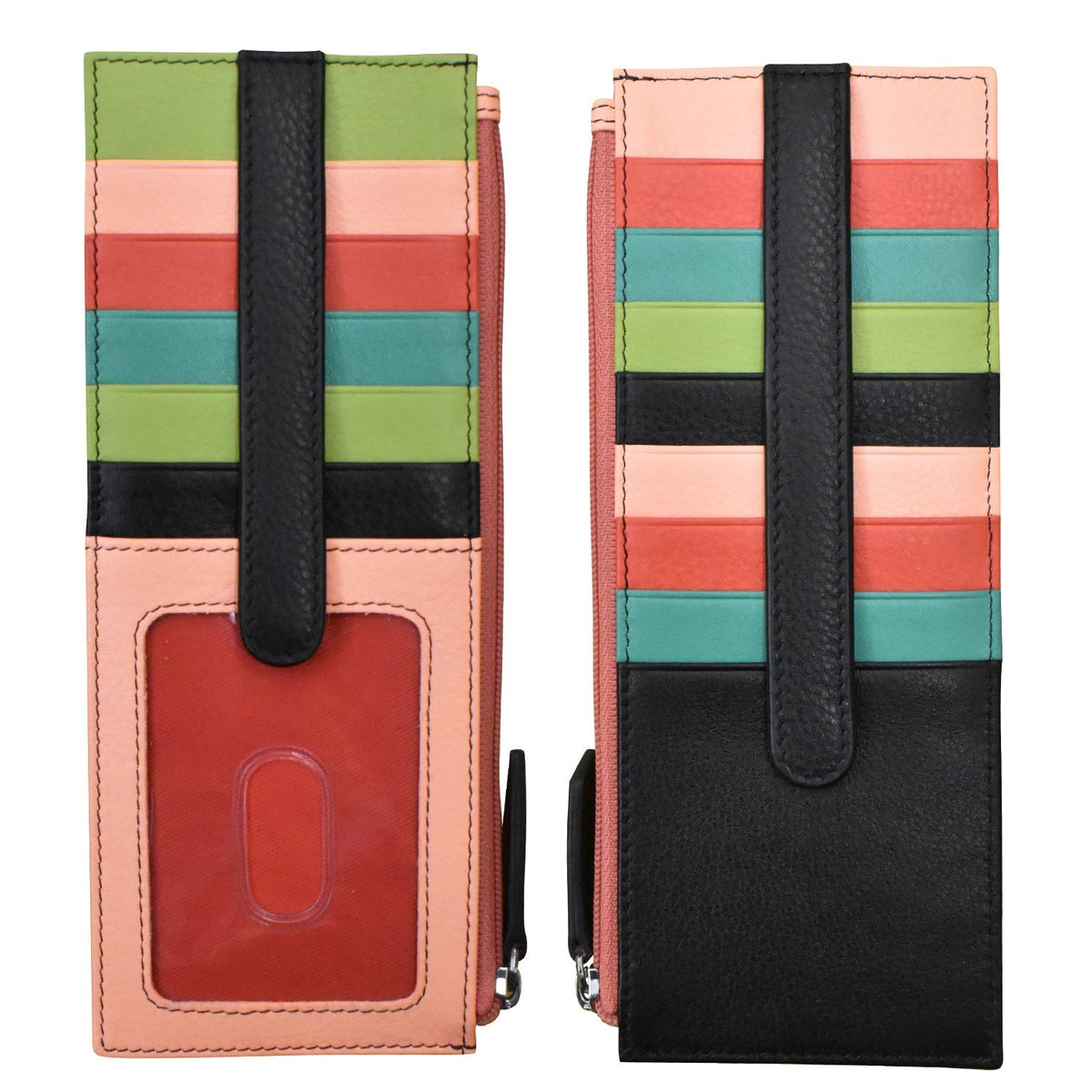 Colorful striped phone case with a black strap on a white background