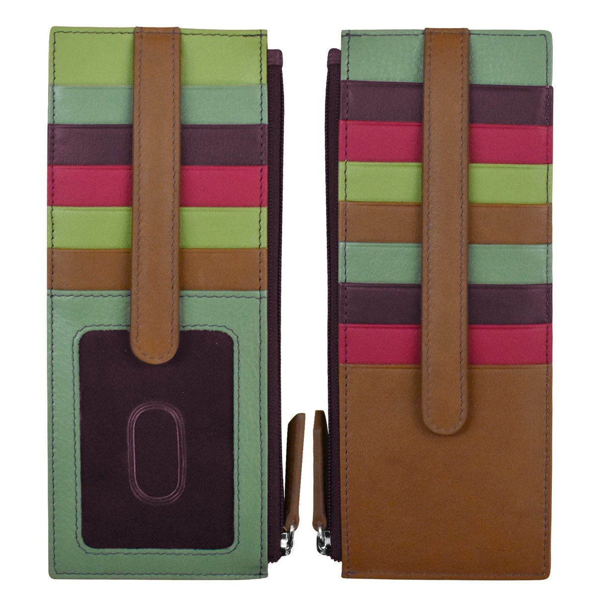 Two views of a slim zip-around wallet or phone case made of faux leather, featuring horizontal striped card slots in green, brown, burgundy, and magenta, with a tan vertical strap and a dark purple ID window on the front.