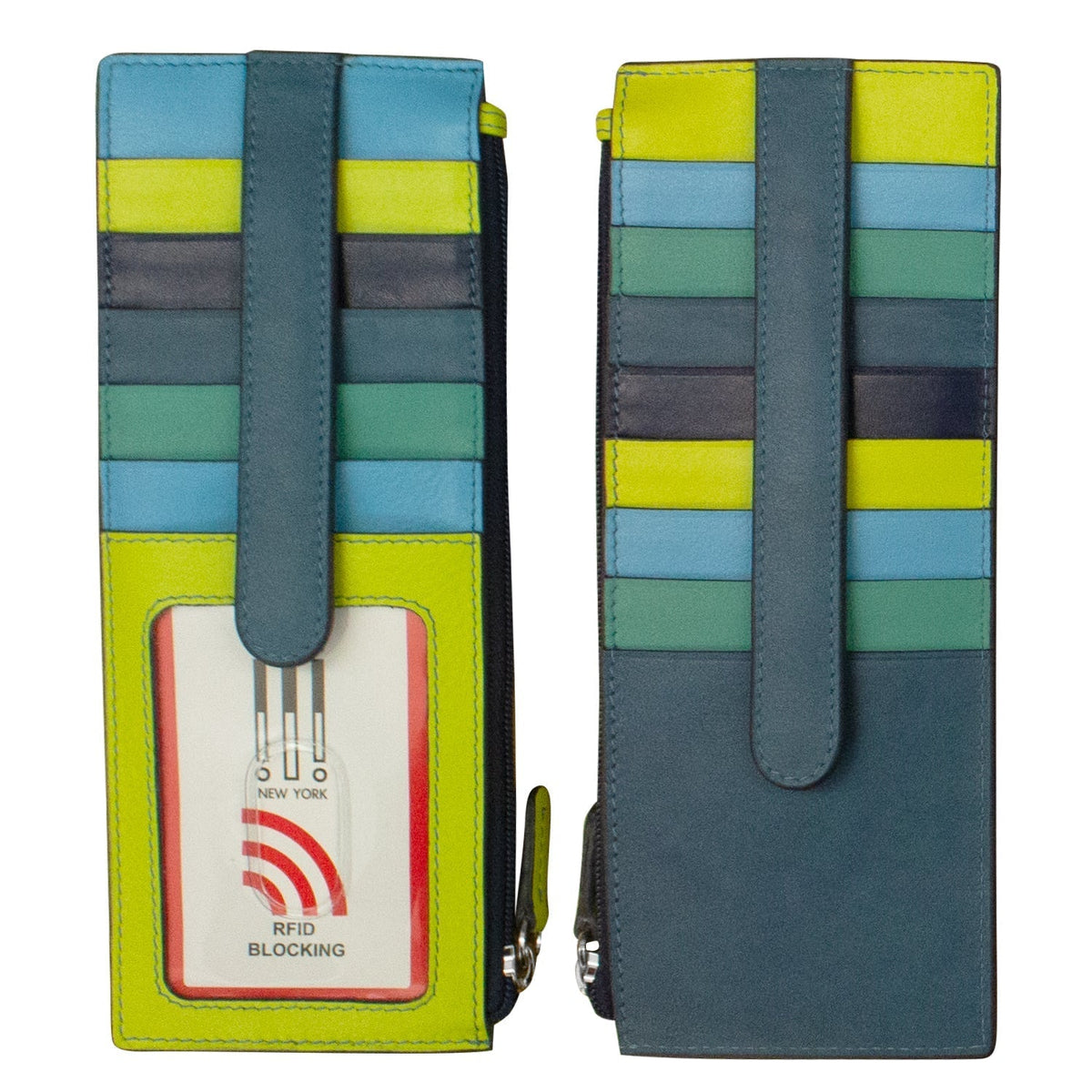 Colorful striped phone case with RFID blocking feature on a white background