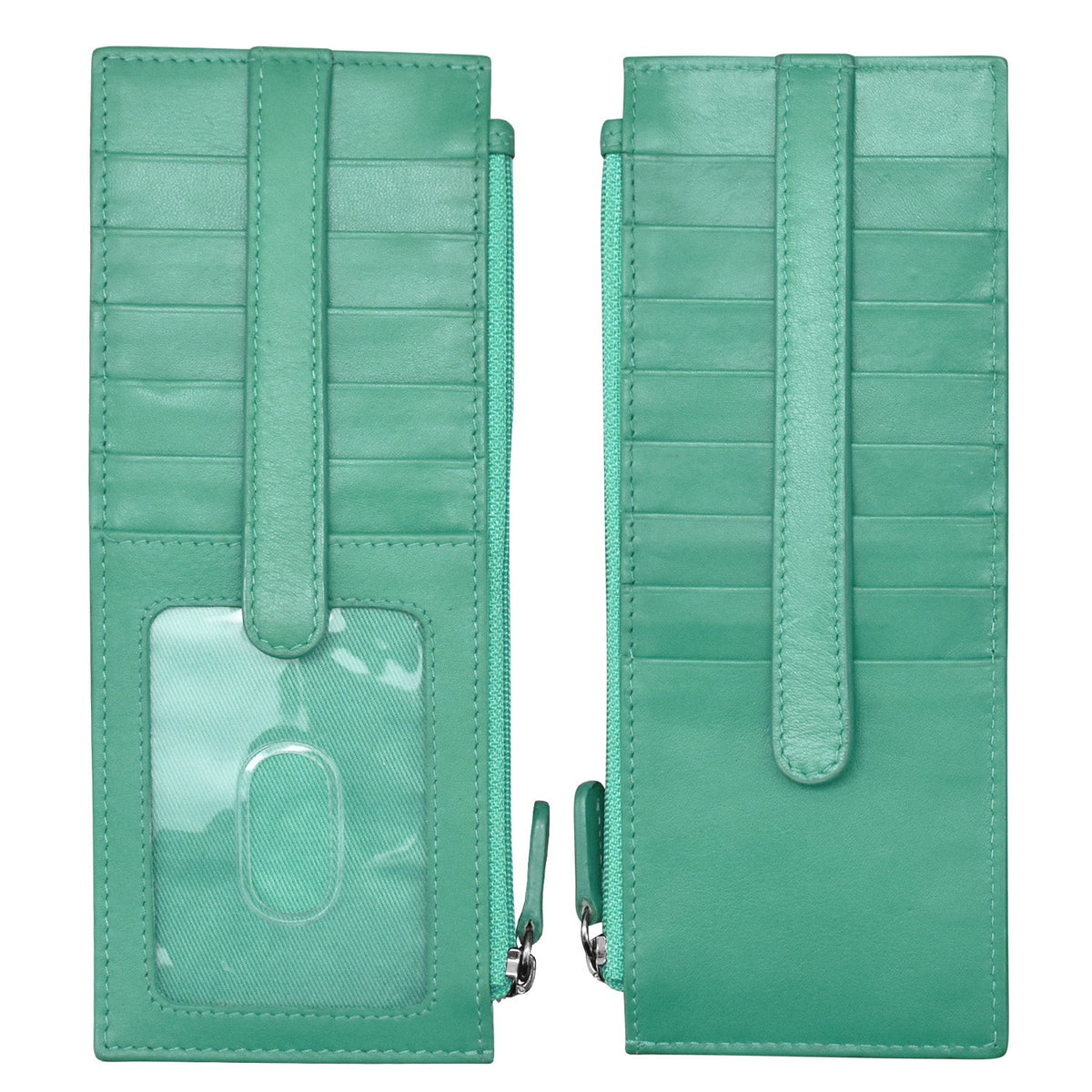 Green wallet with card slots and a strap on a white background