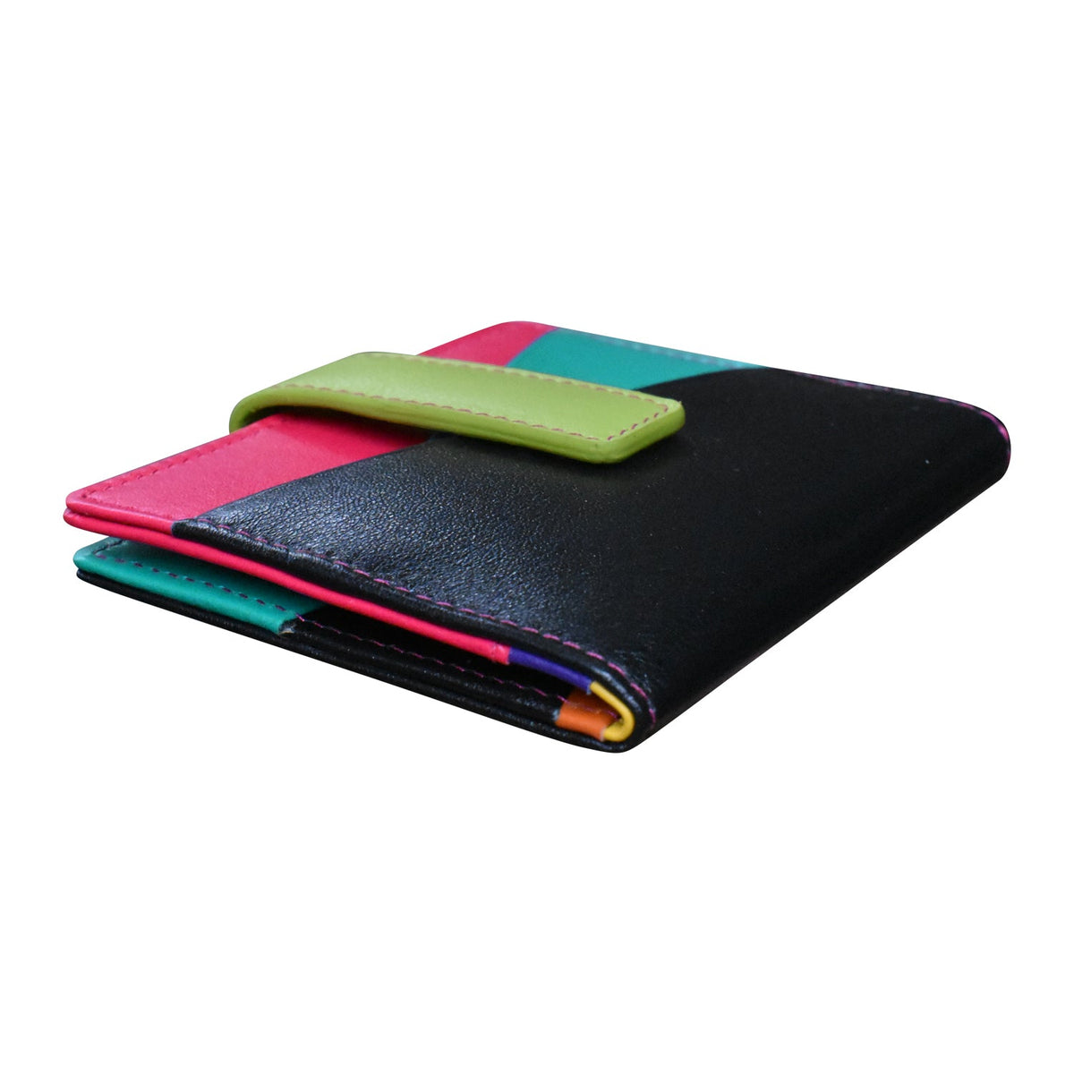 Multicolored wallet with a green strap on a white background