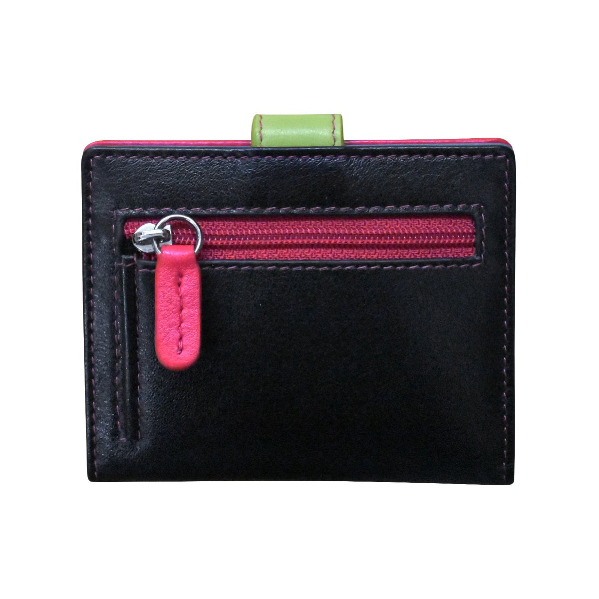 Black wallet with a pink zipper on a white background