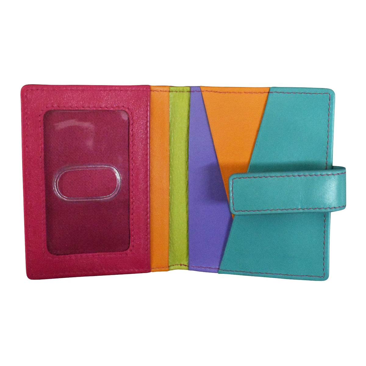 Colorful wallet with a pink, orange, green, and blue design on a white background