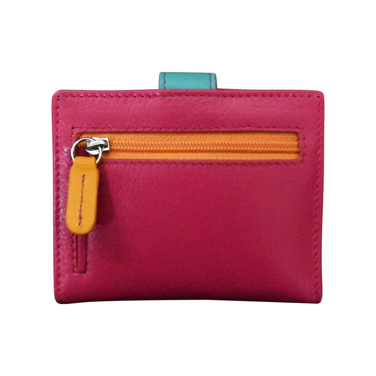 Pink wallet with a yellow zipper on a white background
