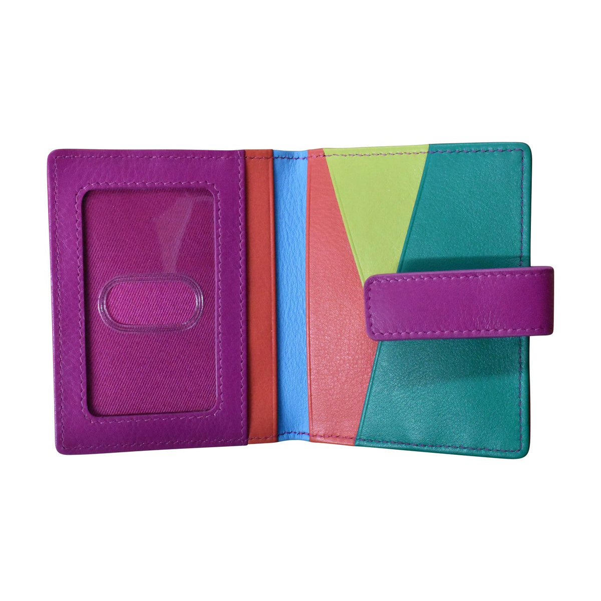 Colorful wallet with a purple flap on a white background