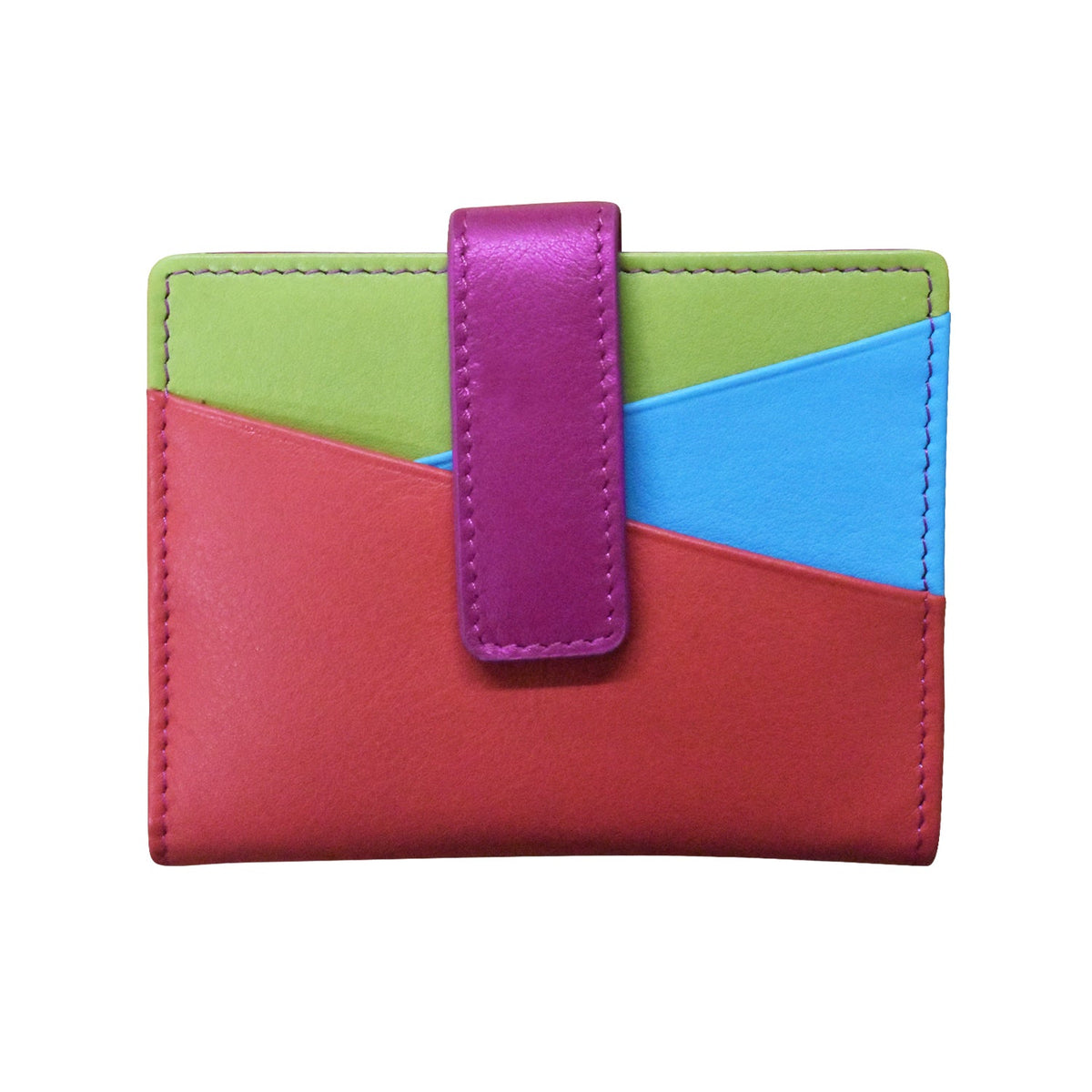 Colorful wallet with a purple strap on a white background