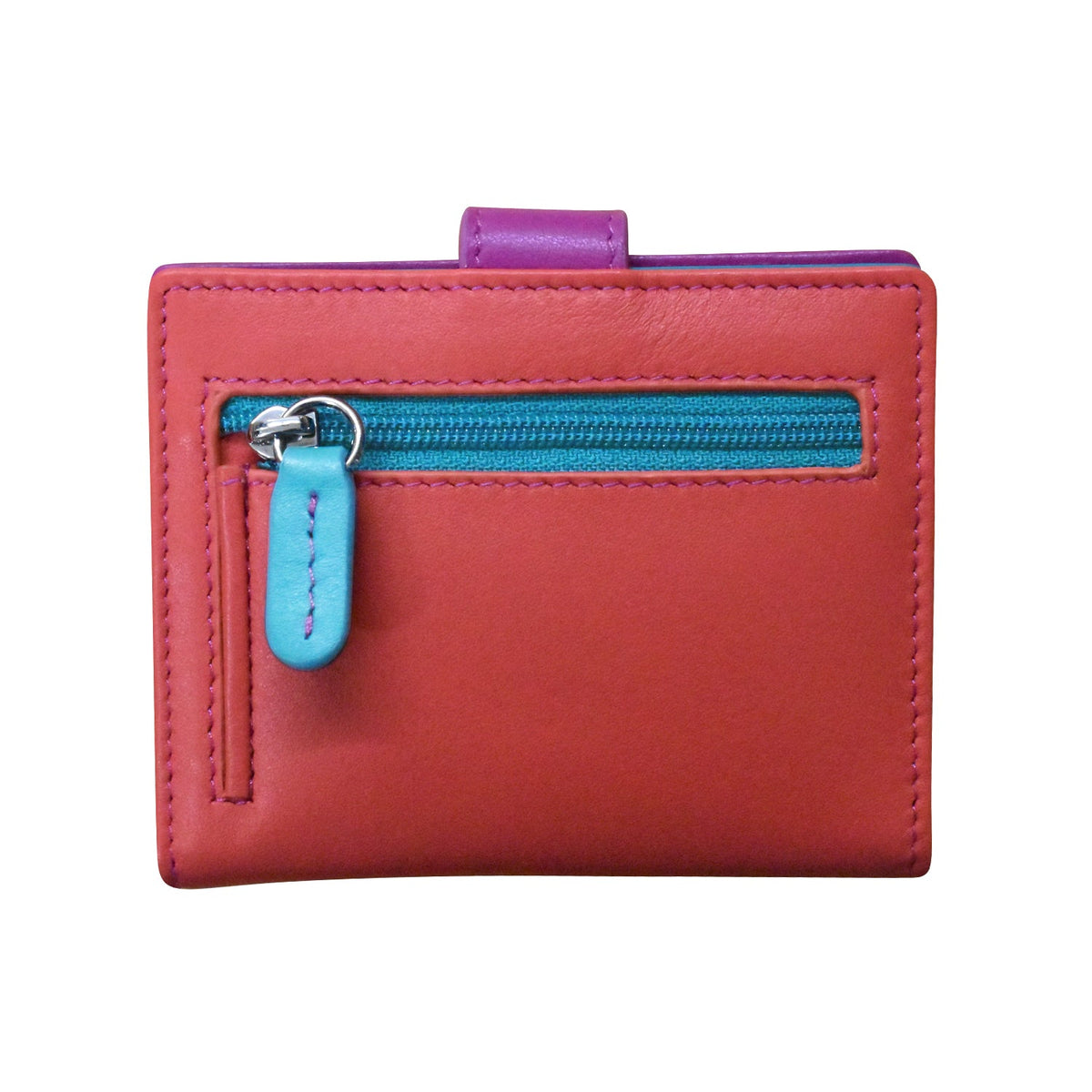 Red wallet with a blue zipper on a white background