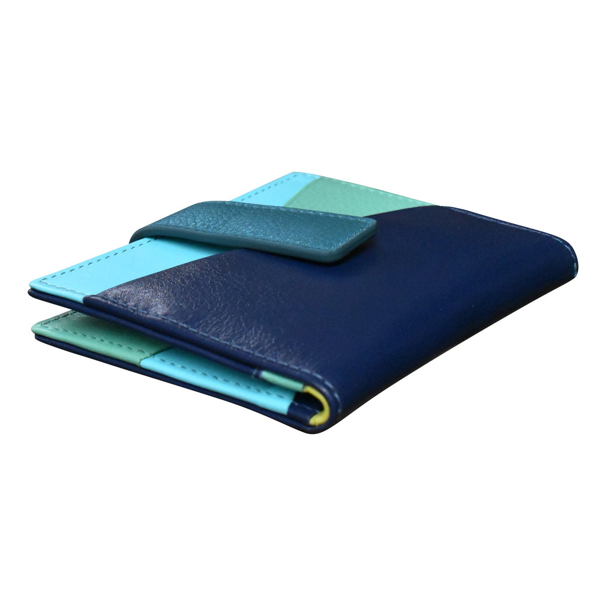 Two-tone blue and green wallet on a white background