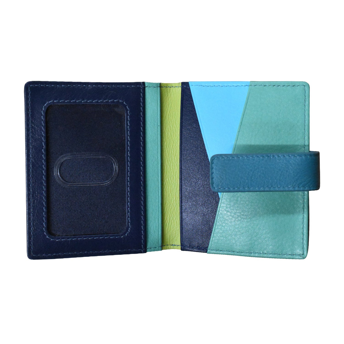 Blue and green wallet with a card holder on a white background