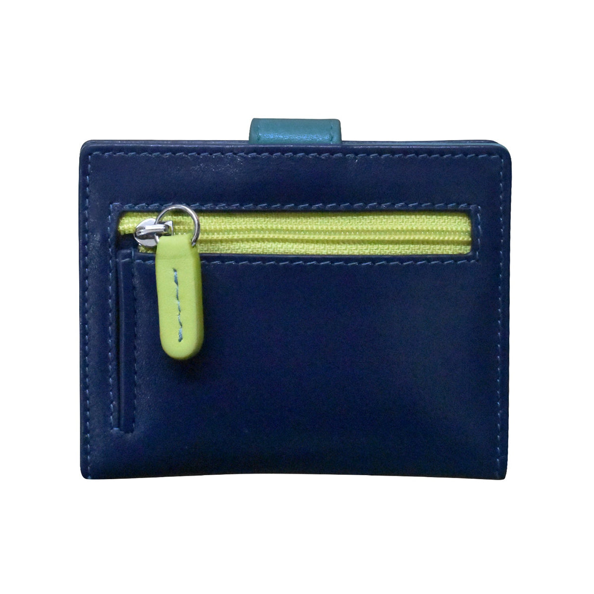 Navy blue wallet with a green zipper on a white background