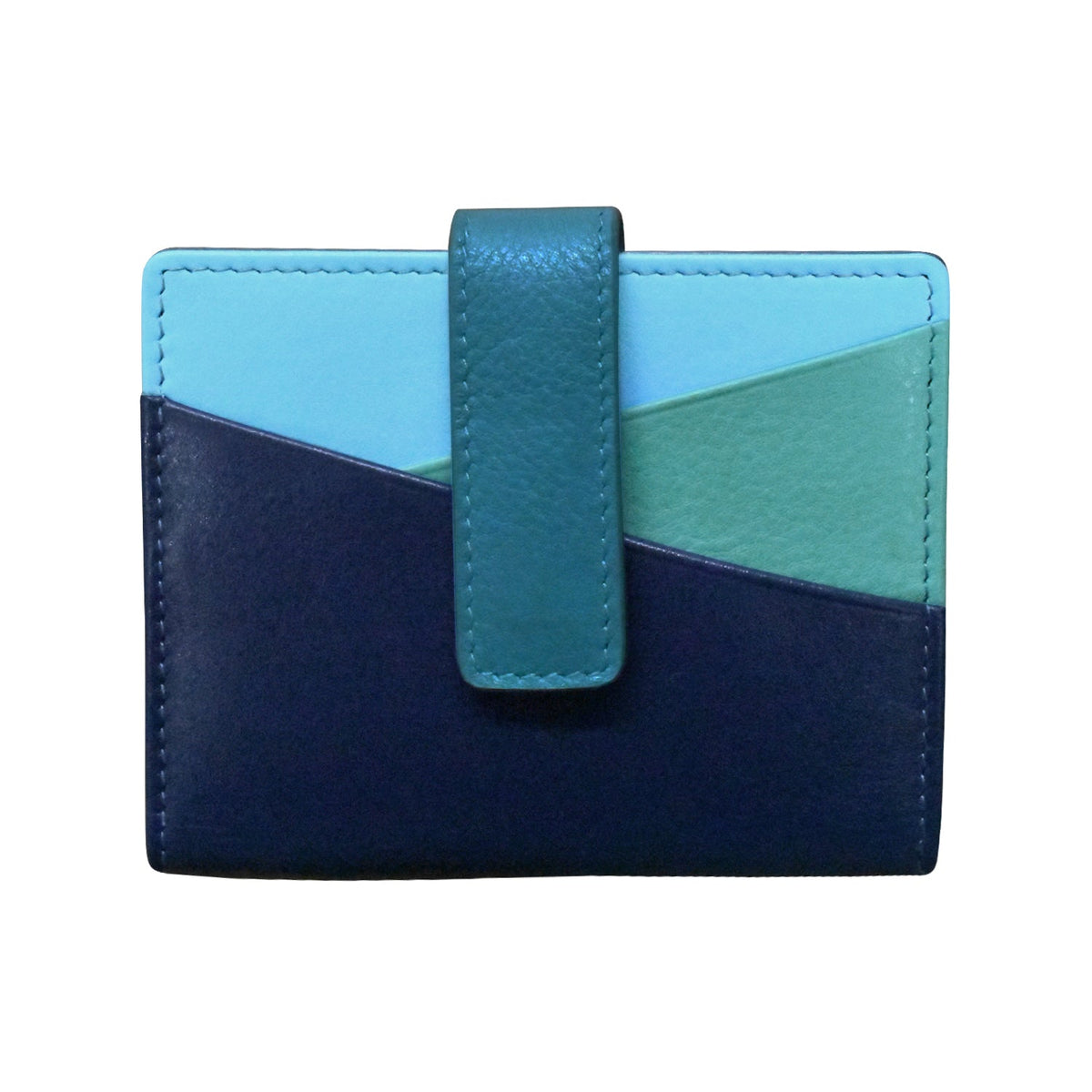 Two-tone blue and green wallet on a white background