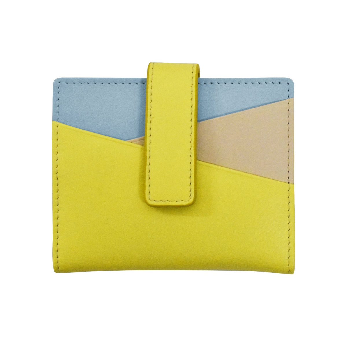 Color-blocked wallet with yellow, blue, and beige sections on a white background
