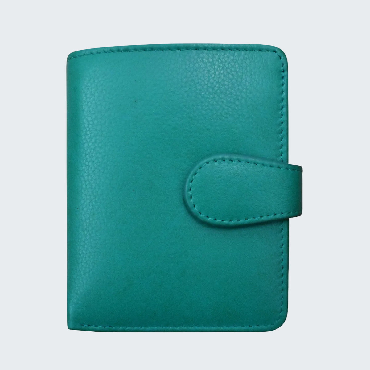 Teal leather wallet on a white 