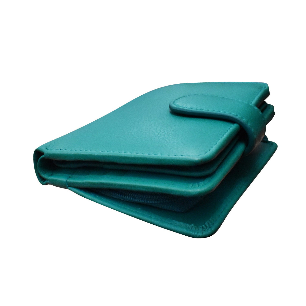 Teal leather wallet on a white background