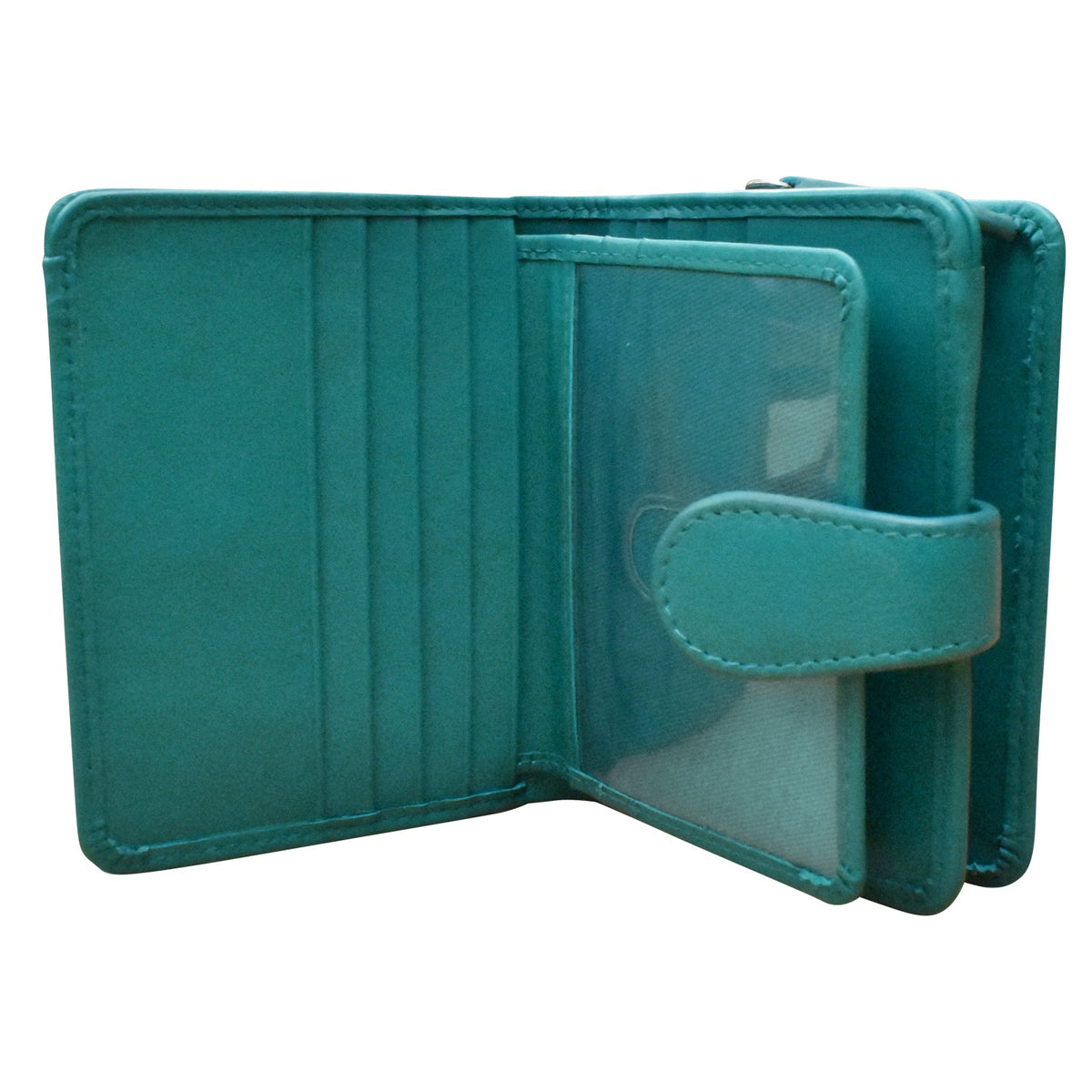 Teal wallet with card slots on a white background