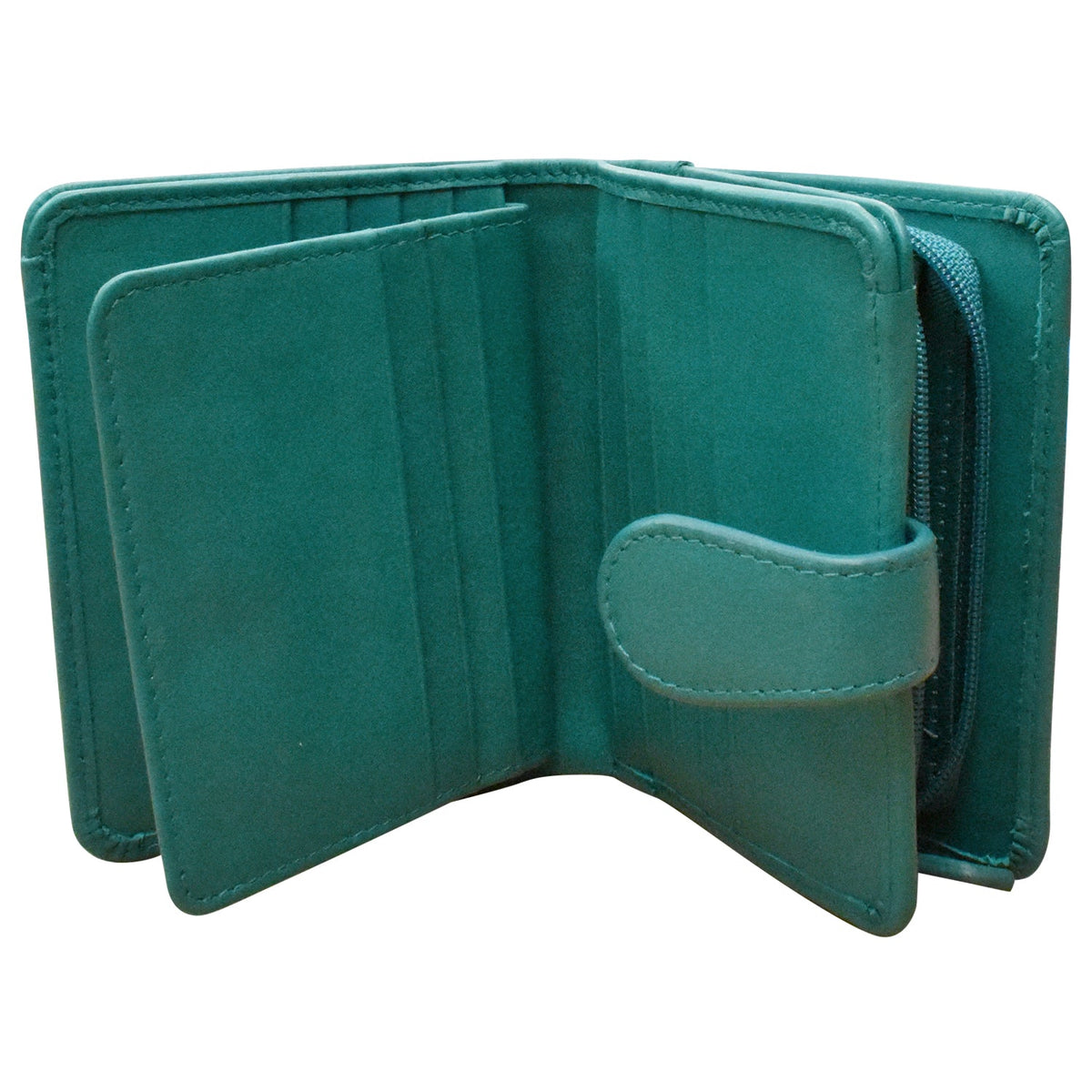 Teal wallet open on a white background