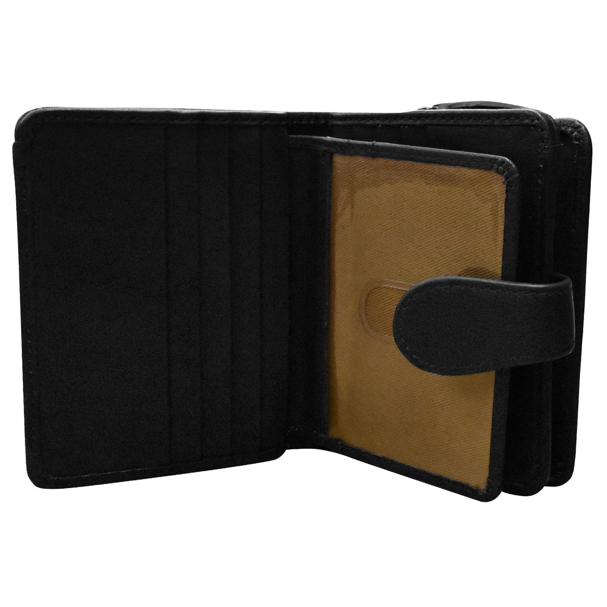Black leather wallet with a brown interior on a white background