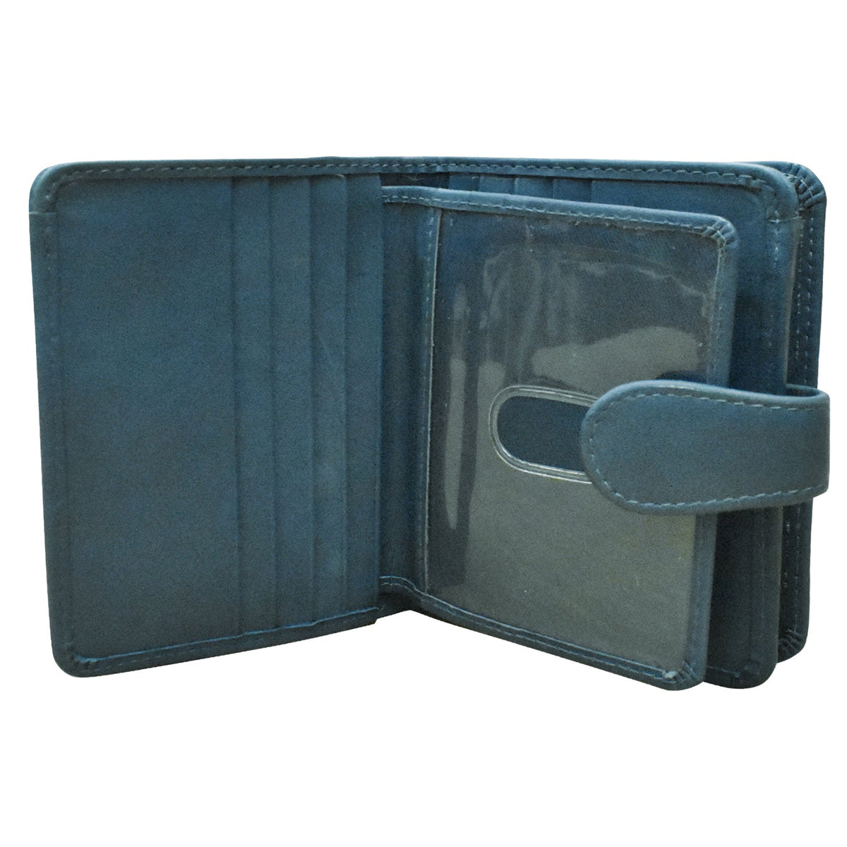 Blue leather wallet open on a white background