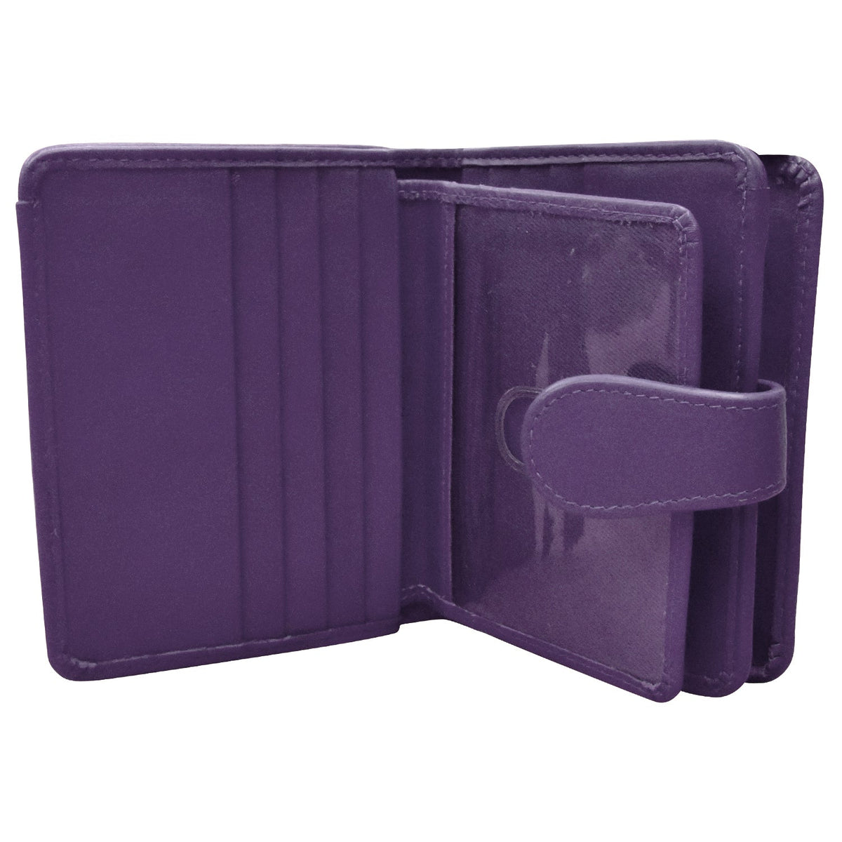 Purple wallet with a clear plastic window on a white background