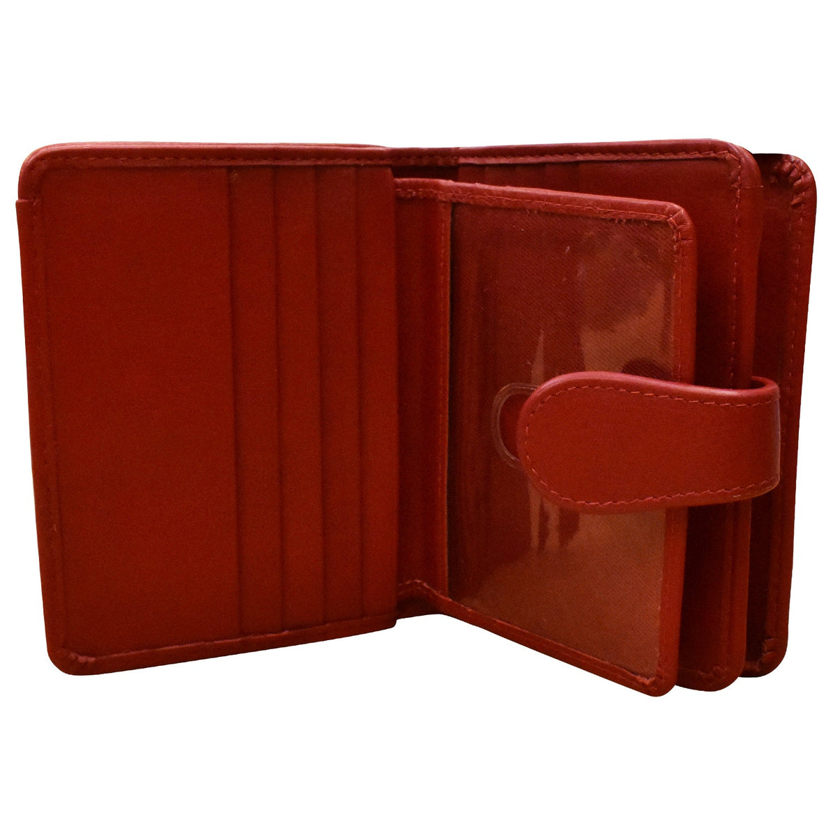 Red leather wallet open on a white background