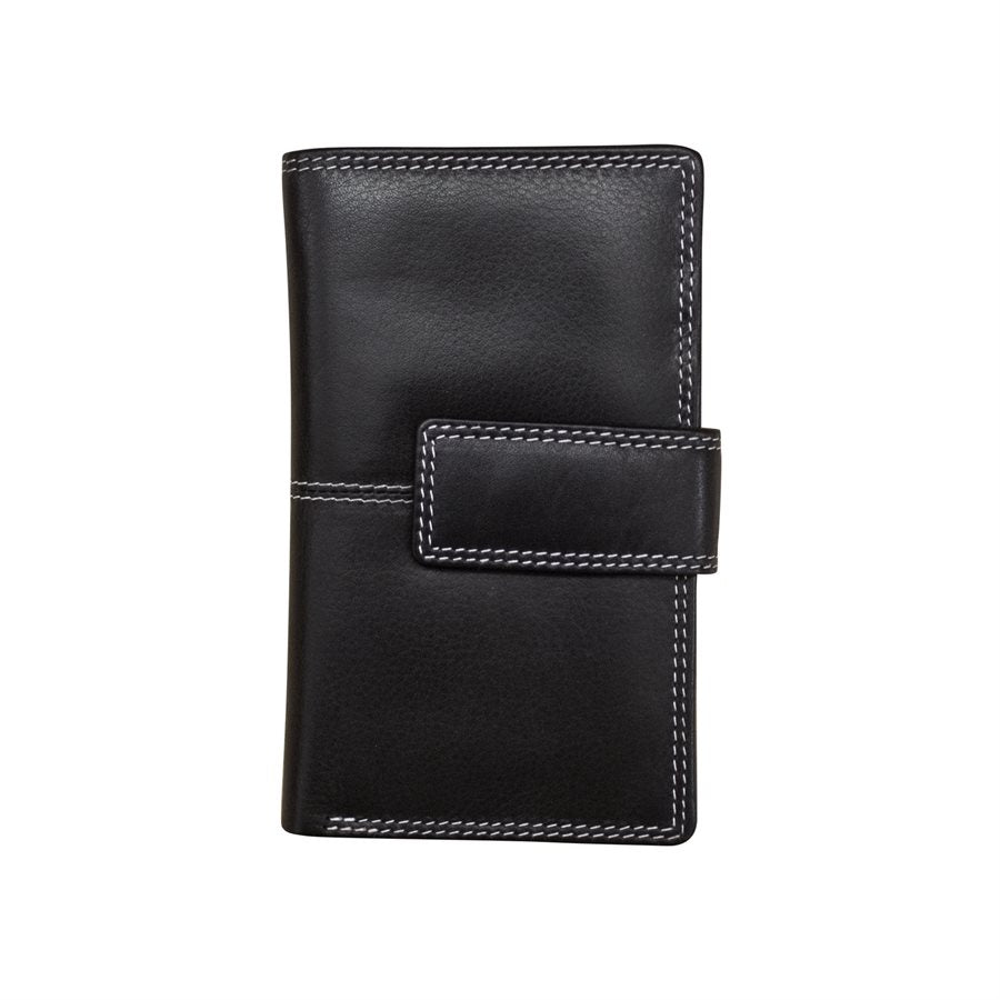 Black leather wallet with visible stitching on a white background