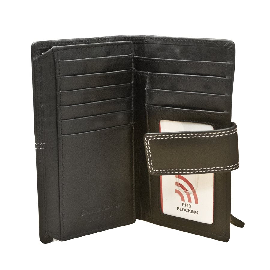 Black leather wallet with card holder and RFID blocking feature on a white background